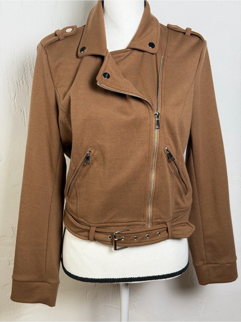 Krush Kandy Tan Brown Belted Moto Jacket - Stylish Classic - Medium